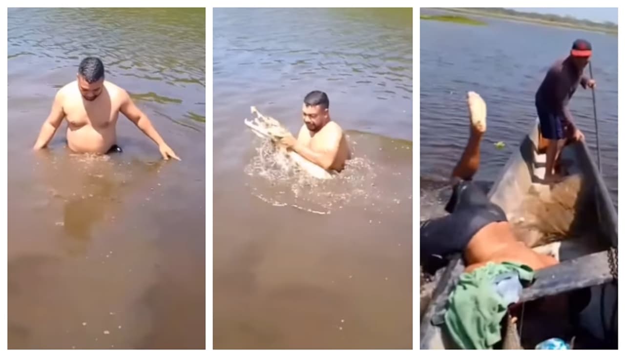 തോണിയില്‍ പോകുന്നതിനിടെ ഒന്ന് നദിയില്‍ ഇറങ്ങി, കാലില്‍ എന്തോ തട്ടി, നോക്കിയപ്പോൾ മുതല; വീഡിയോ വൈറല്‍ 