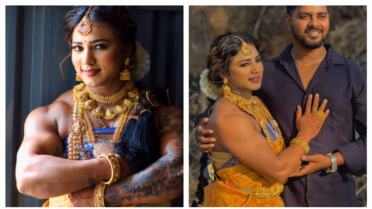 കല്ല്യാണപെണ്ണായാലും 'മസില്' വിട്ടൊരു കളിയില്ല, വിവാഹവേഷത്തിലും ഞെട്ടിച്ച്‌ ബോഡി ബിൽഡർ 