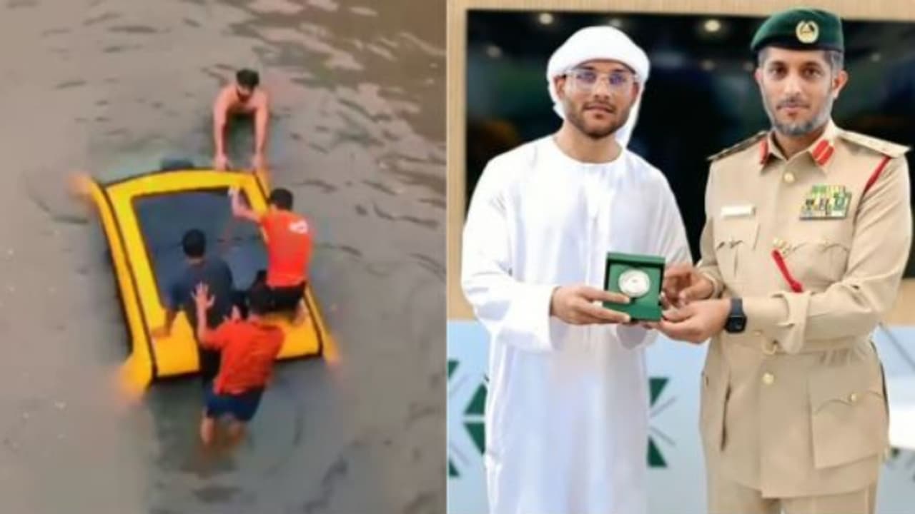 മുന്നിൽ മുങ്ങിത്താഴുന്ന എസ്‍യുവി, ജീവൻ പണയംവെച്ച് പ്രവാസി ഇന്ത്യക്കാരൻ 5 പേരെ രക്ഷിച്ചു, ആദരിച്ച് ദുബൈ പൊലീസ്