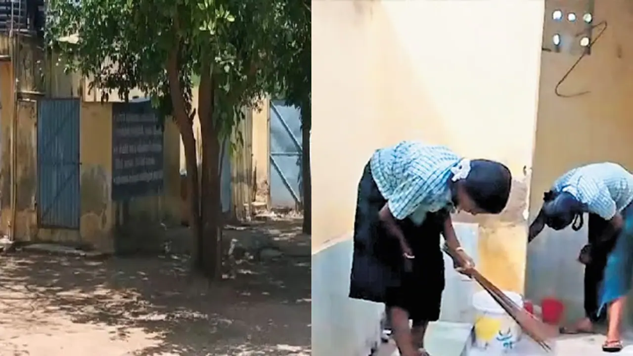 அரசு பள்ளி கழிவறையை சுத்தம் செய்த மாணவிகள்! வைரலான வீடியோ! தலைமை ஆசிரியை சஸ்பெண்ட்!