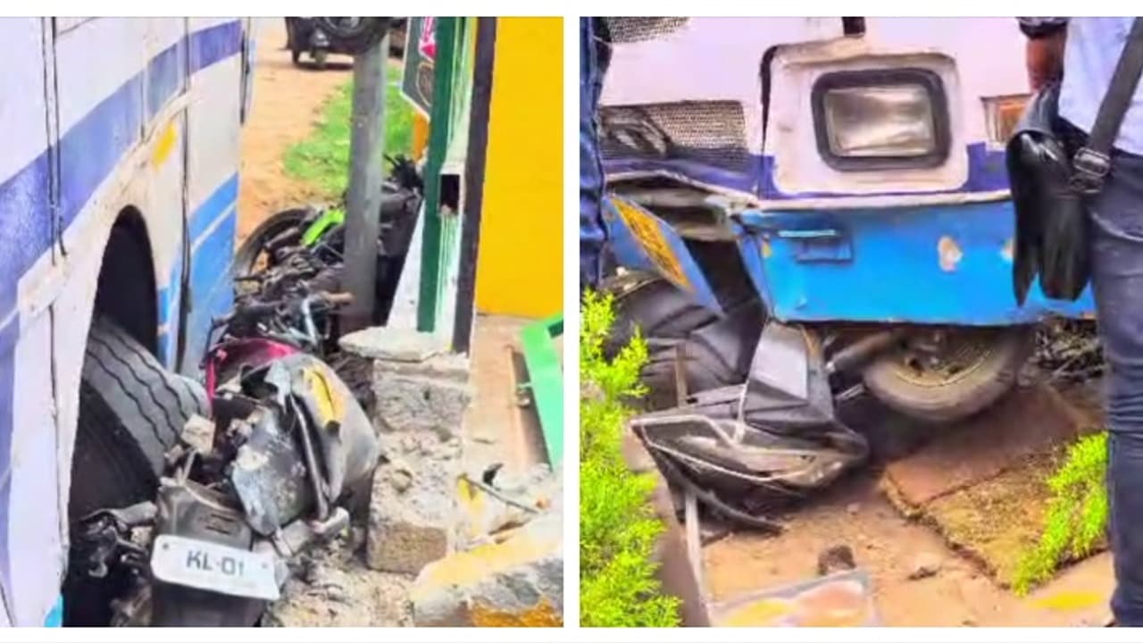 ഡ്രൈവർക്ക് ബിപി കൂടി, നിയന്ത്രണം വിട്ട ബസ് പോസ്റ്റും 4 ടൂവീലറുകളും തകർത്ത് വിശ്രമ കേന്ദ്രത്തിലേക്ക് പാഞ്ഞുകയറി ഡ്രൈവർക്ക് ബിപി കൂടി, നിയന്ത്രണം വിട്ട ബസ് പോസ്റ്റും 4 ടൂവീലറുകളും തകർത്ത് വിശ്രമ കേന്ദ്രത്തിലേക്ക് പാഞ്ഞുകയറി