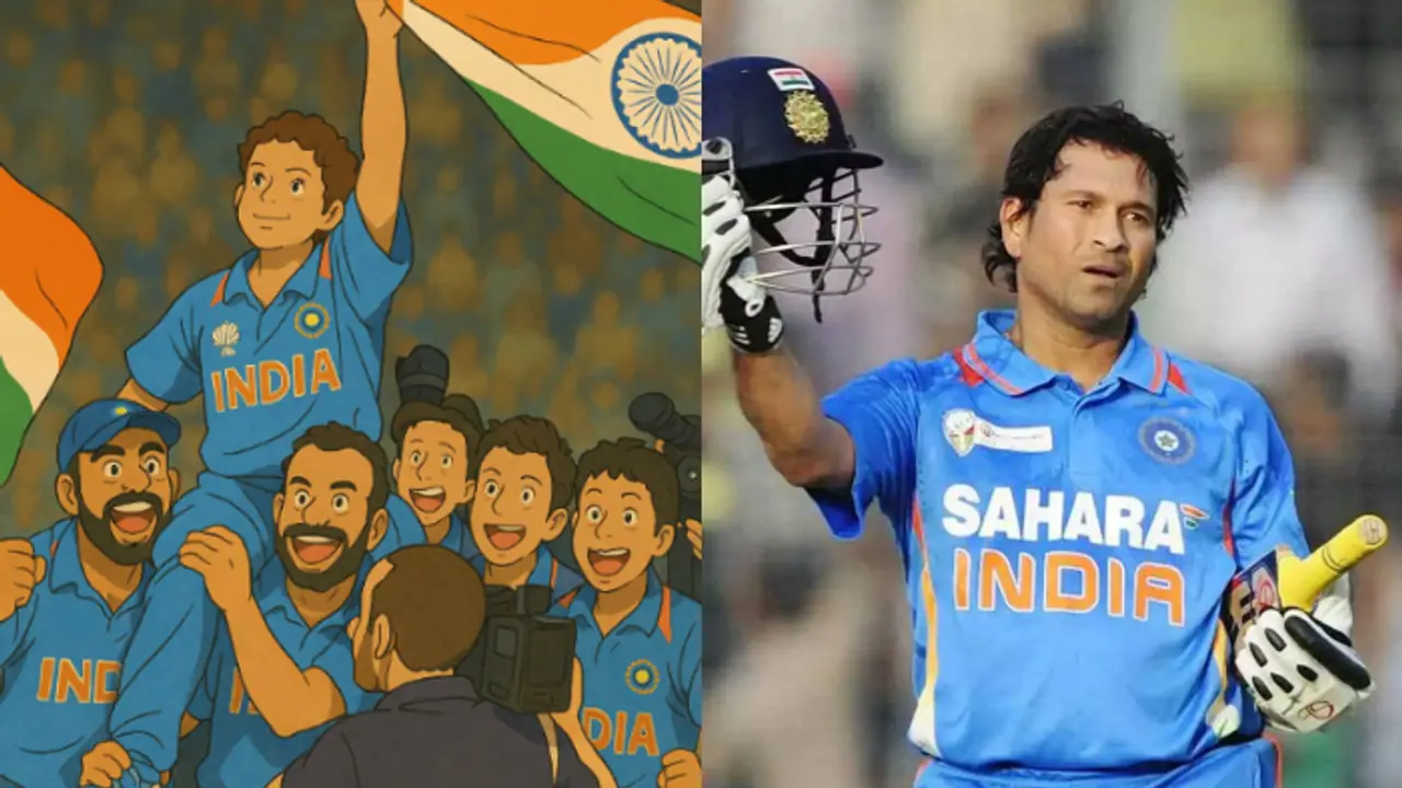 Sachin Tendulkar joins Ghibli trend; Transforms his 2011 World Cup win into stunning AI generated visuals Sachin Tendulkar joins Ghibli trend; Transforms his 2011 World Cup win into stunning AI generated visuals