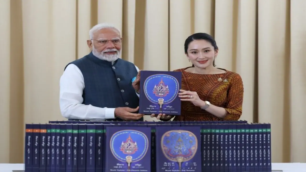 Thailand PM Shinawatra gifts PM Modi 80 Volume 'World Tipitaka' holy scriptures (WATCH)