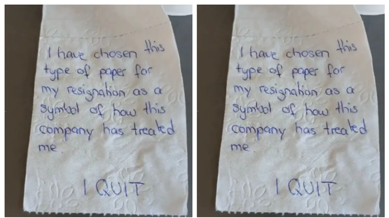 ടോയ്‍ലറ്റ് പേപ്പറിൽ രാജിക്കത്ത്; ജീവനക്കാരന്‍റെ കാരണം പങ്കുവച്ച് കമ്പനി ഡയറക്ടർ, കുറിപ്പ് വൈറല്‍ 