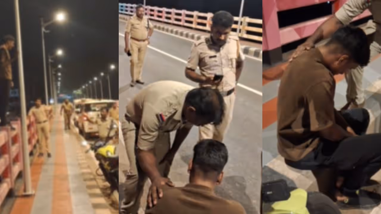 'പൊന്നുമോനേ... താഴെയിറങ്ങടാ...' കേണപേക്ഷിച്ച് മാറാട് പൊലീസ്; ഫറോക് പാലത്തിൽ നിന്നും 24കാരൻ താഴെയിറങ്ങി 'പൊന്നുമോനേ... താഴെയിറങ്ങടാ...' കേണപേക്ഷിച്ച് മാറാട് പൊലീസ്; ഫറോക് പാലത്തിൽ നിന്നും 24കാരൻ താഴെയിറങ്ങി