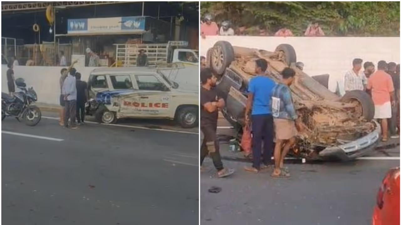 നിയന്ത്രണം വിട്ട കാർ പൊലീസ് ജീപ്പിലിടിച്ച് തലകീഴായി മറിഞ്ഞു, 2 പൊലീസുകാർക്കും 2 യാത്രക്കാർക്കും പരിക്ക് നിയന്ത്രണം വിട്ട കാർ പൊലീസ് ജീപ്പിലിടിച്ച് തലകീഴായി മറിഞ്ഞു, 2 പൊലീസുകാർക്കും 2 യാത്രക്കാർക്കും പരിക്ക്