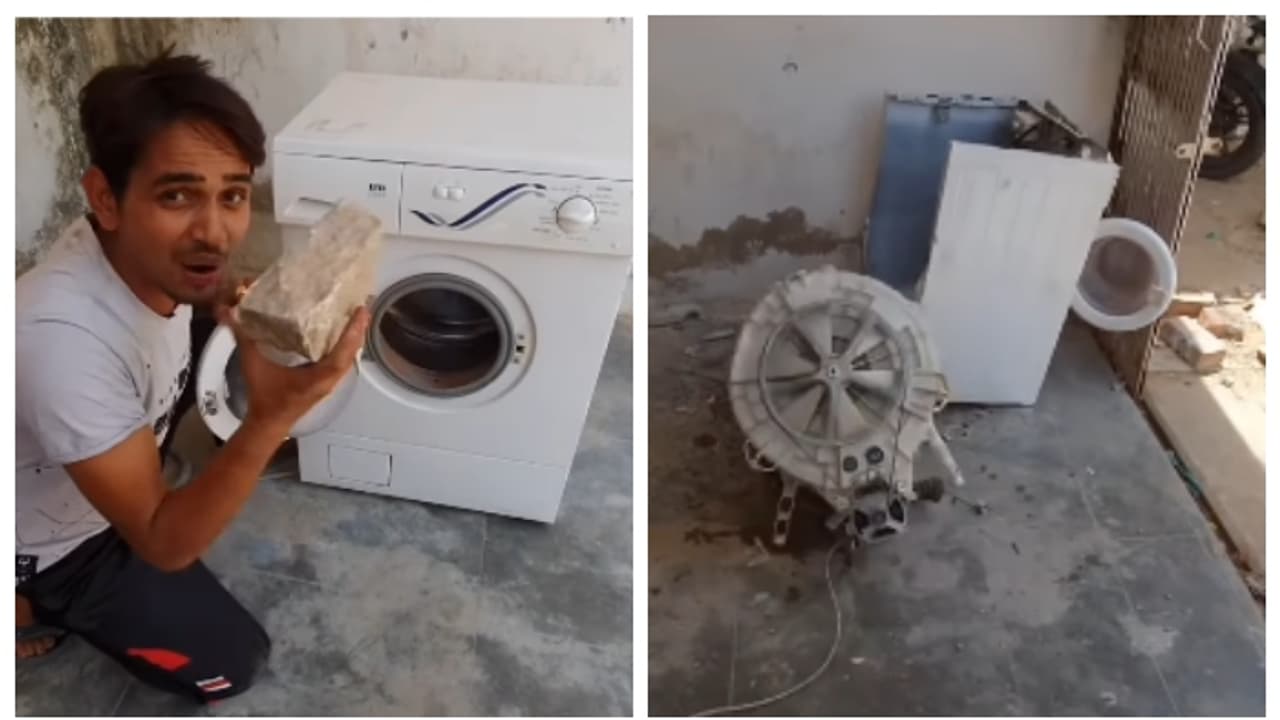 വാഷിംഗ് മെഷീനിൽ കല്ല് ഇട്ട് പരീക്ഷണം; അച്ഛൻ വീട്ടിൽ ബെൽറ്റ് ഉപയോഗിക്കാറില്ലേയെന്ന് സോഷ്യൽ മീഡിയ, വീഡിയോ വൈറൽ 