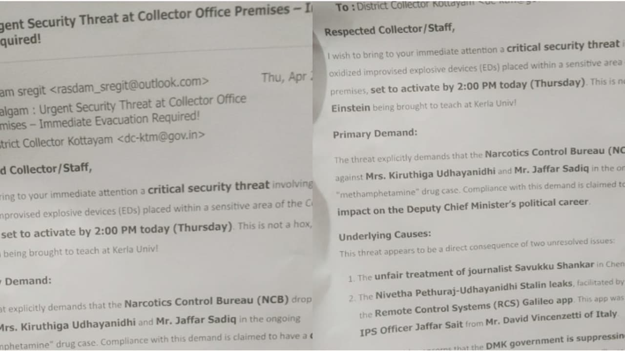 കോട്ടയം കളക്ടറേറ്റിലെ ഭീഷണി; സന്ദേശം പുറത്ത്, വ്യാജമെന്ന വിലയിരുത്തലിൽ പൊലീസ്, പരിശോധന അവസാനിപ്പിച്ചു കോട്ടയം കളക്ടറേറ്റിലെ ഭീഷണി; സന്ദേശം പുറത്ത്, വ്യാജമെന്ന വിലയിരുത്തലിൽ പൊലീസ്, പരിശോധന അവസാനിപ്പിച്ചു