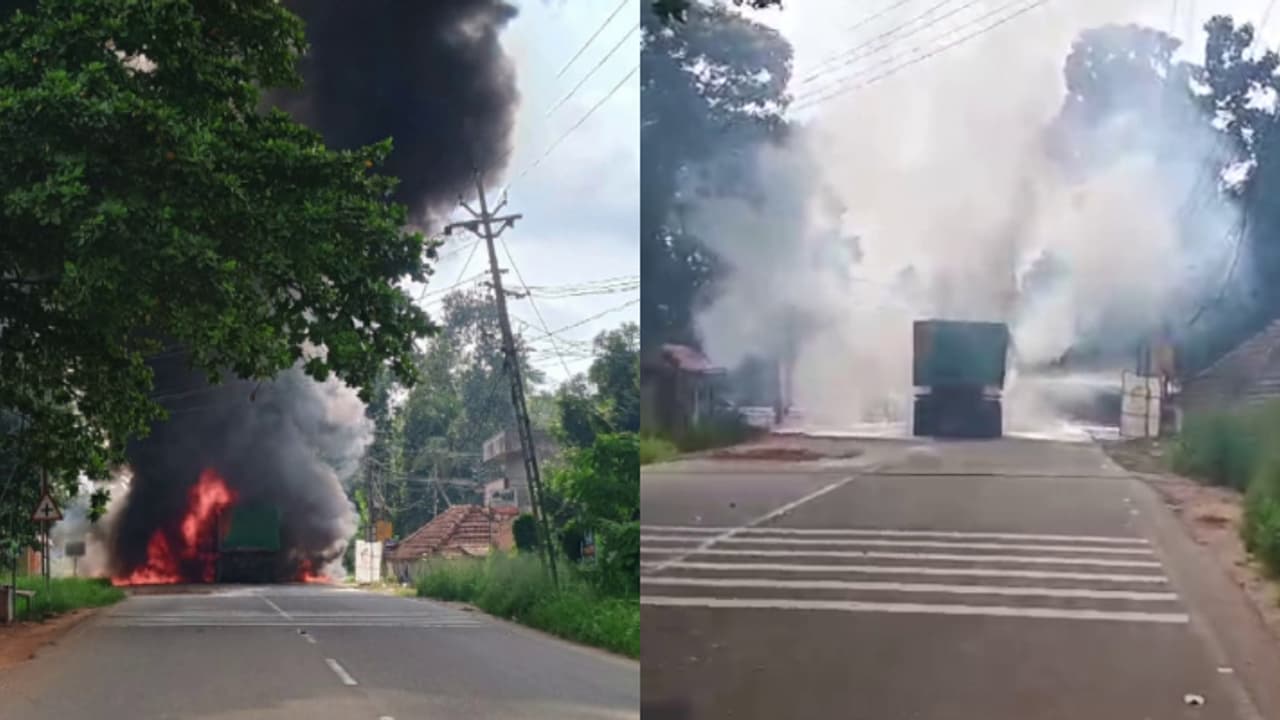രണ്ടു കാറുകളിലും ടിപ്പര് ലോറിയിലും ഇടിച്ചു, പിന്നാലെ ടോറസ് ലോറി ആളിക്കത്തി, ഡ്രൈവര് ചാടി രക്ഷപ്പെട്ടു രണ്ടു കാറുകളിലും ടിപ്പര് ലോറിയിലും ഇടിച്ചു, പിന്നാലെ ടോറസ് ലോറി ആളിക്കത്തി, ഡ്രൈവര് ചാടി രക്ഷപ്പെട്ടു