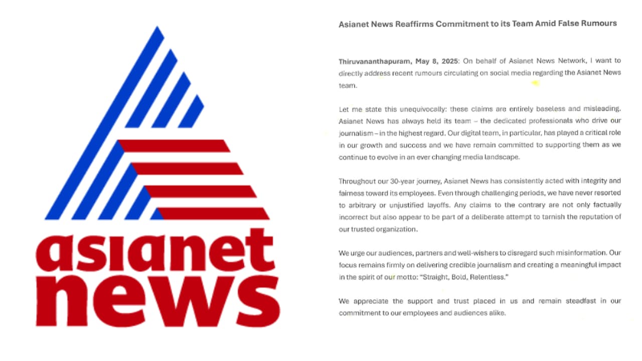 ഏഷ്യാനെറ്റ് ന്യൂസിനെതിരായ ആരോപണങ്ങൾ തള്ളി ചെയര്‍മാൻ; 'പ്രചാരണം അപകീ‍ർത്തിപ്പെടുത്താൻ ലക്ഷ്യമിട്ടുള്ളത്'