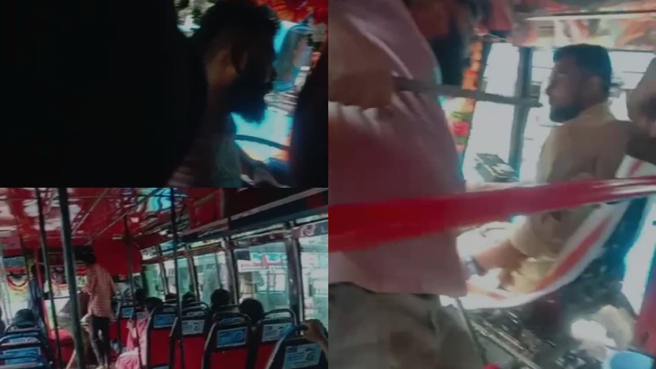 വടിവാളുമായി അഞ്ചം​ഗ സംഘം ബസിൽ കയറി, ഡ്രൈവറുടെ കഴുത്തിന് നേരെ നീട്ടി ഭീഷണി; ദൃശ്യം പകർത്തി യാത്രക്കാരൻ