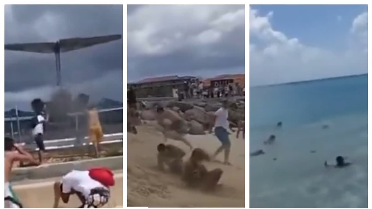 എയ‍ർപോർട്ടിലുള്ളതെല്ലാം അടിച്ച് തെറിപ്പിച്ച് വിമാനം; ബീച്ചിലിരുന്ന സഞ്ചാരികൾ ഉരുണ്ട് കടലിലേക്ക്. വീഡിയോ വൈറൽ