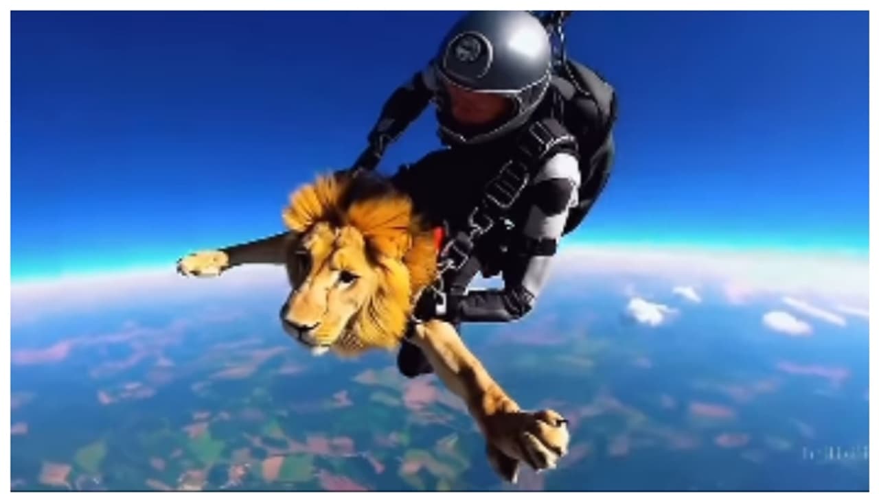 സ്കൈ ഡൈവിംഗ് നടത്തുന്ന സിംഹത്തിന്‍റെ വീഡിയോ; സത്യമോ അതോ എഐയോ, സംശയിച്ച് സോഷ്യല്‍ മീഡിയ