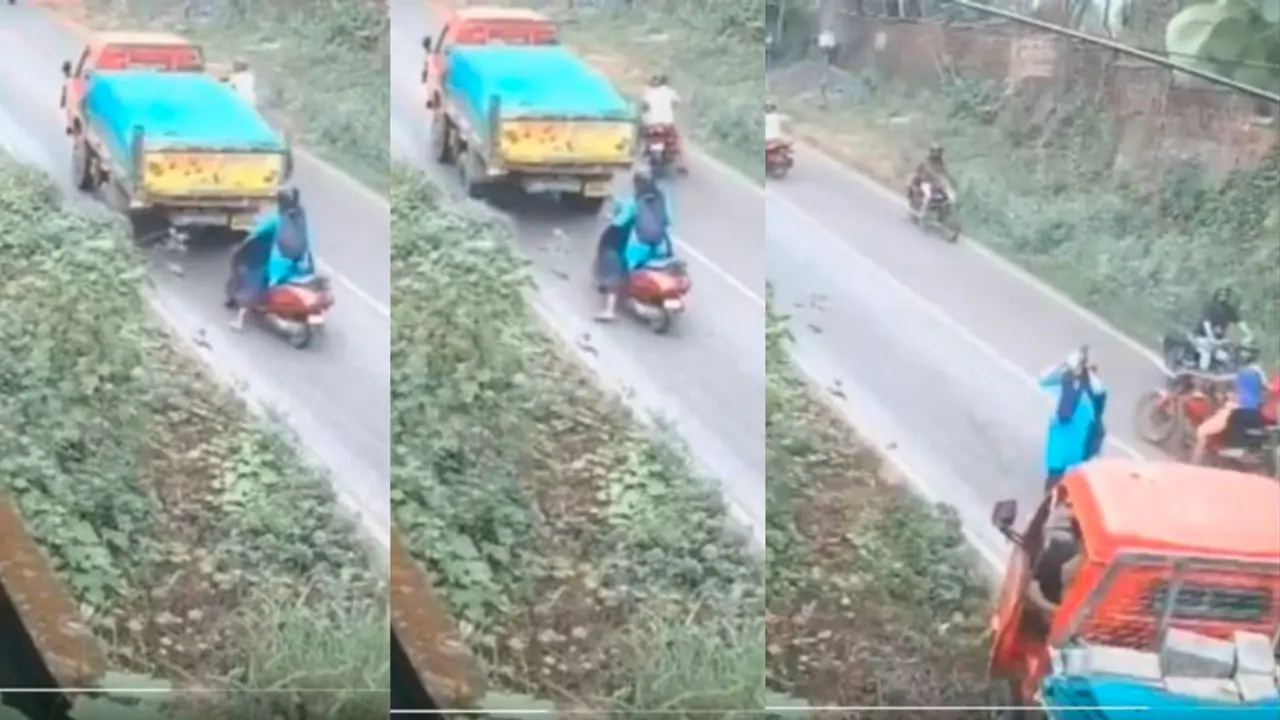 ಇದಕ್ಕಿದ್ದಂತೆ ರಿವರ್ಸ್ ಬಂದ ಲಾರಿ: ಸಾವಿನ ದವಡೆಯಿಂದ ಯುವತಿ ಜಸ್ಟ್ ಮಿಸ್ 