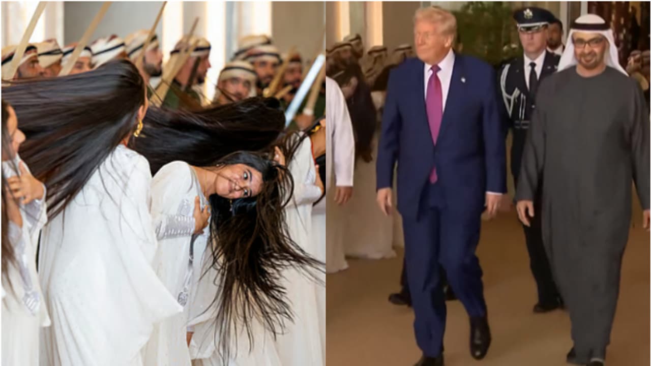 താളത്തിനൊപ്പം മുടിയഴിച്ച് ആട്ടി യുവതികൾ, യുഎഇയുടെ 'അൽ അയ്യാല' കണ്ട് അത്ഭുതപ്പെട്ട് ട്രംപ്; വീഡിയോ വൈറൽ 