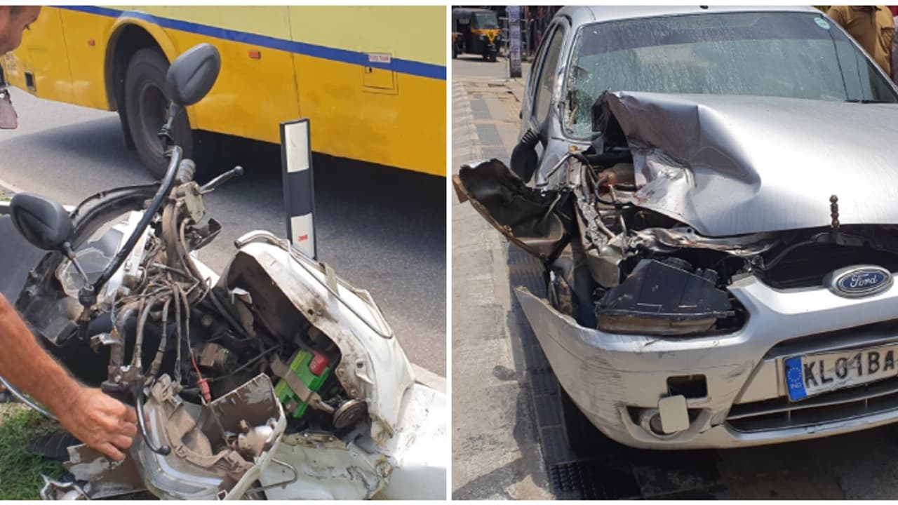ദീർഘദൂര ഡ്രൈവിനിടെ ഉറങ്ങിപ്പോയി; നിയന്ത്രണം വിട്ട കാർ മൂന്ന് വാഹനങ്ങളിലിടിച്ചു, സ്കൂട്ടർ യാത്രികന് പരിക്ക്