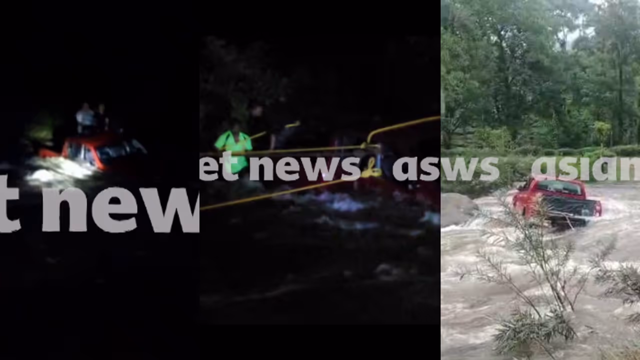 വാഹനത്തിൽ പുഴ മുറിച്ചു കടക്കുന്നതിനിടെ മലവെള്ളപ്പാച്ചിൽ; മലയാളികളെ സാഹസികമായി രക്ഷപ്പെടുത്തി