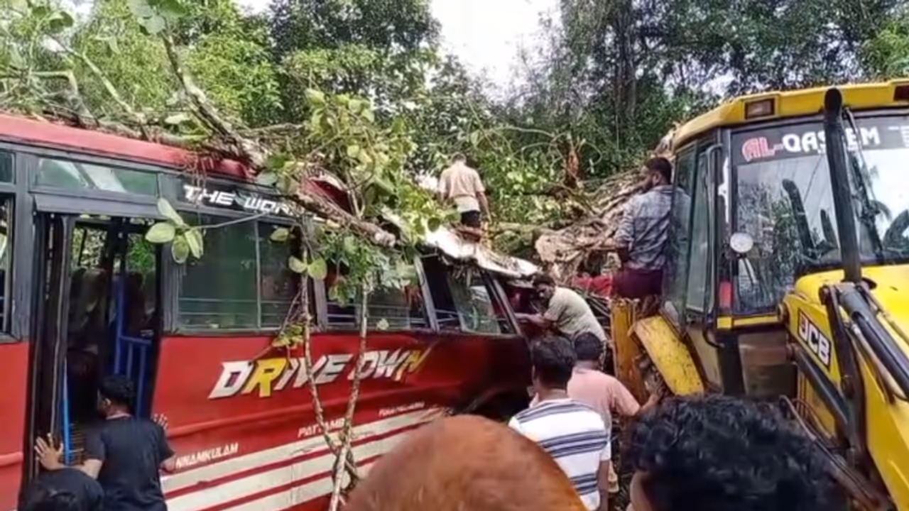 ഓടിക്കൊണ്ടിരുന്ന സ്വകാര്യ ബസിന് മുകളിലേക്ക് മരം വീണ് അപകടം; യാത്രക്കാരെ പുറത്തെടുത്തത് ബസ് പൊളിച്ച് ഓടിക്കൊണ്ടിരുന്ന സ്വകാര്യ ബസിന് മുകളിലേക്ക് മരം വീണ് അപകടം; യാത്രക്കാരെ പുറത്തെടുത്തത് ബസ് പൊളിച്ച്