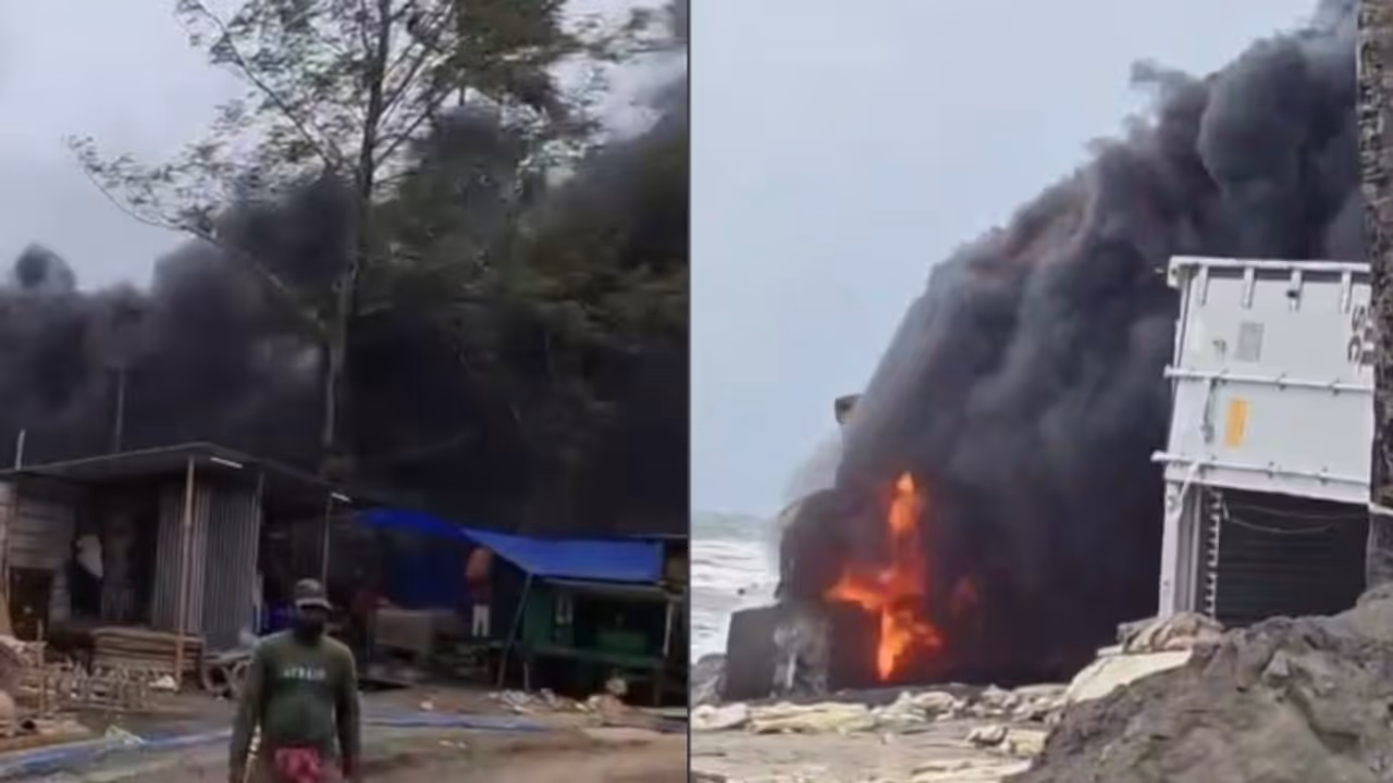 തീരത്തടിഞ്ഞ കണ്ടെയ്നർ നീക്കം ചെയ്യുന്നതിനിടെ തീപിടിത്തം; പ്രദേശത്താകെ കറുത്ത പുക, ആശങ്കപ്പെടാനില്ലെന്ന് കളക്ടർ തീരത്തടിഞ്ഞ കണ്ടെയ്നർ നീക്കം ചെയ്യുന്നതിനിടെ തീപിടിത്തം; പ്രദേശത്താകെ കറുത്ത പുക, ആശങ്കപ്പെടാനില്ലെന്ന് കളക്ടർ