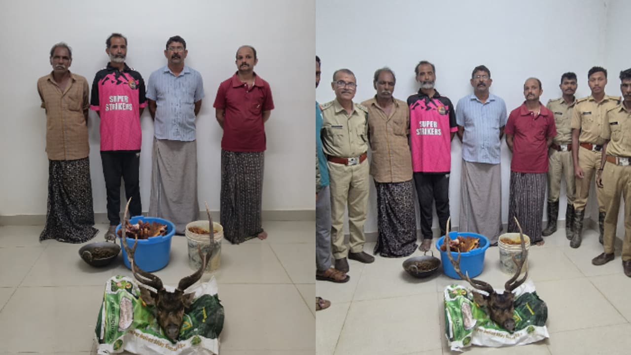 തോട്ടത്തിലെത്തിയ പുള്ളിമാനെ വേട്ടയാടി, പാചകത്തിനിടെ പൊലീസെത്തി; പ്രതികൾ റിമാന്റിൽ തോട്ടത്തിലെത്തിയ പുള്ളിമാനെ വേട്ടയാടി, പാചകത്തിനിടെ പൊലീസെത്തി; പ്രതികൾ റിമാന്റിൽ