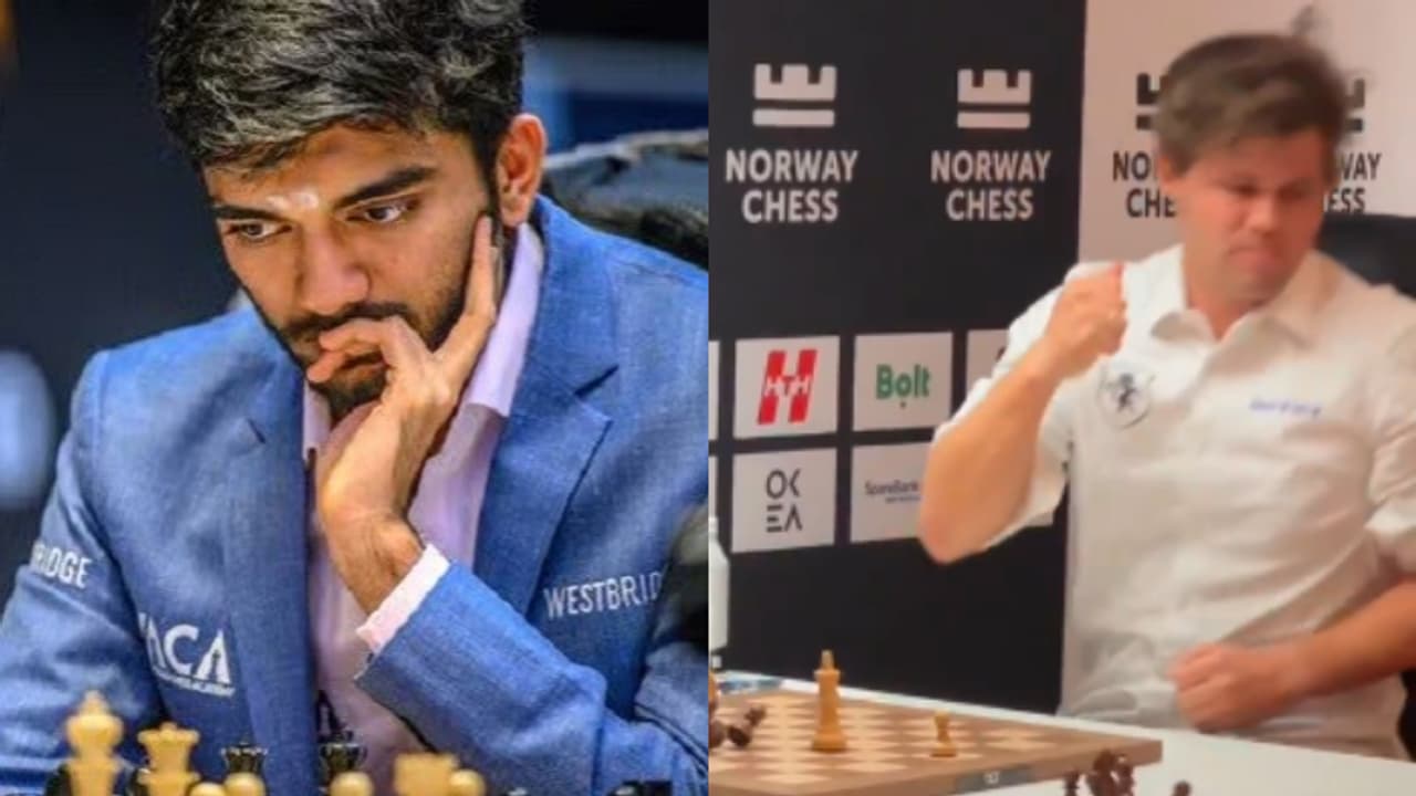 നോർവേ ചെസ്സ് 2025; കാൾസനെ വീഴ്ത്തി ഇന്ത്യയുടെ ഗുകേഷ്, മേശയിലടിച്ച് ക്ഷോഭിച്ച് കാൾസൻ നോർവേ ചെസ്സ് 2025; കാൾസനെ വീഴ്ത്തി ഇന്ത്യയുടെ ഗുകേഷ്, മേശയിലടിച്ച് ക്ഷോഭിച്ച് കാൾസൻ