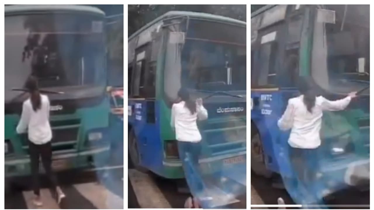 കാറിൽ ഇടിച്ച ബസിന് മുന്നില്‍ നിന്ന് പ്രതിഷേധിച്ച യുവതിയെ ഇടിച്ചിടാന്‍ ശ്രമിച്ച് ഡ്രൈവര്‍; വീഡിയോ വൈറല്‍