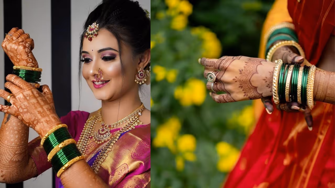 Green bangles with gold kangan for Maharashtrian look