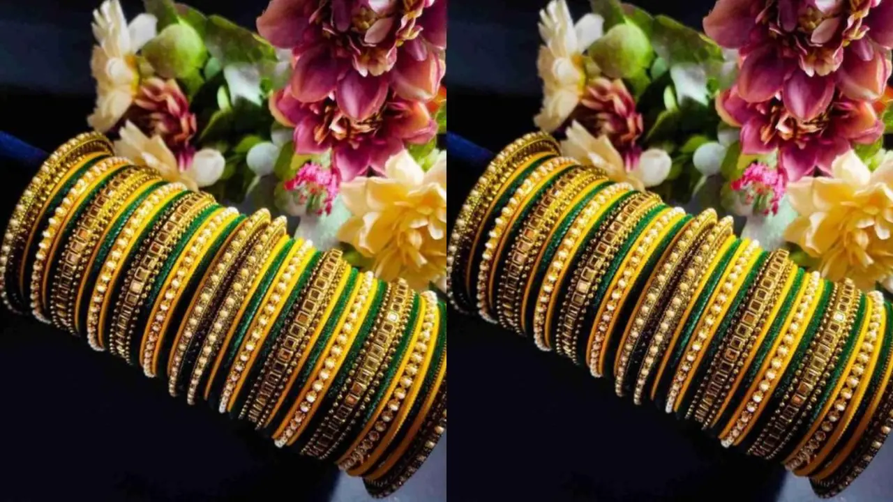 Green yellow bangle set to match Sawan green saree look