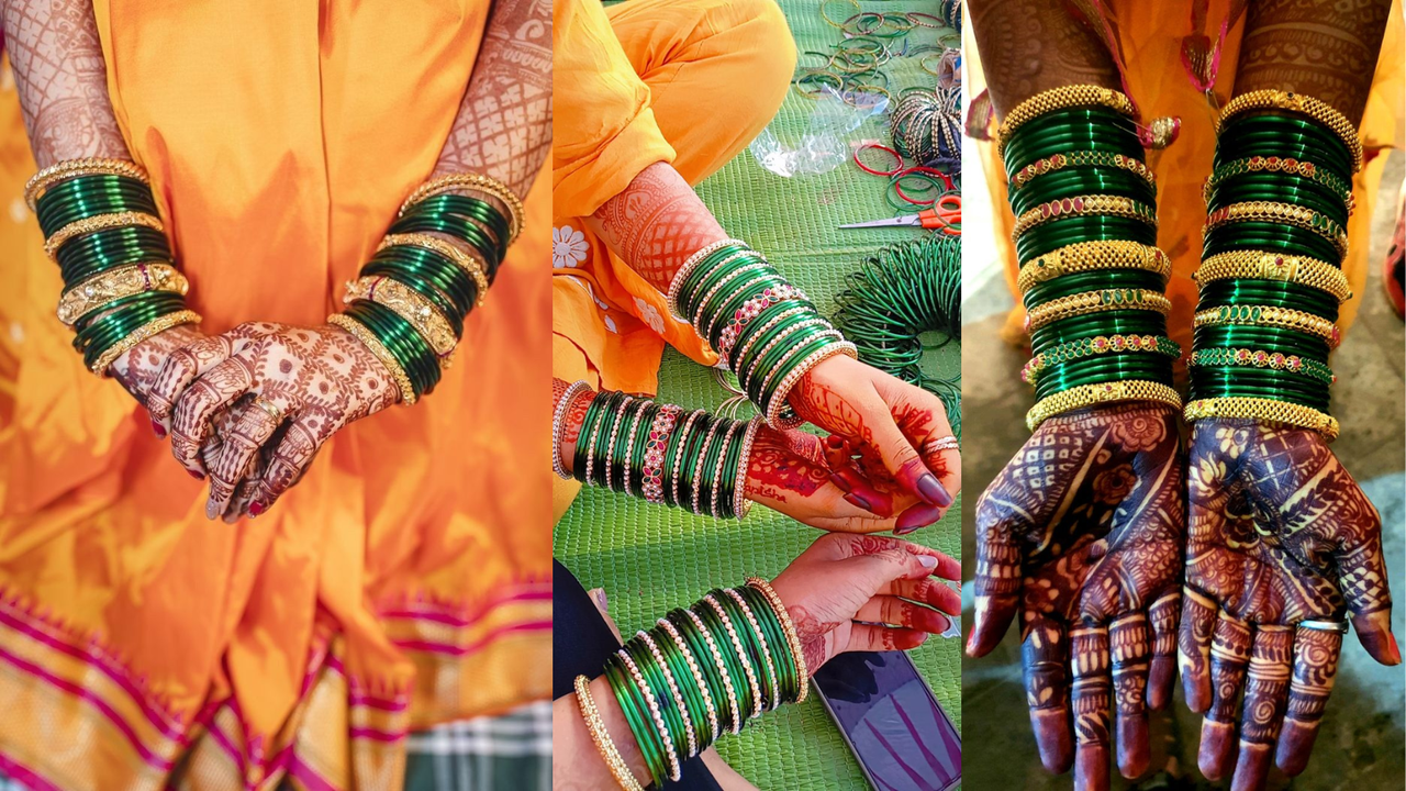 Marathi green bangles set design for Sawan festival