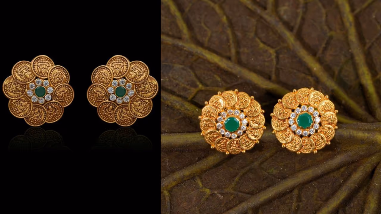 3 gram gold earring design matching Sawan festival green saree