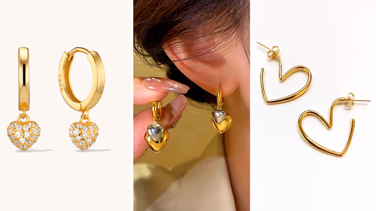 14Kt Gold Heart Shaped Earrings Stud and Drop Designs