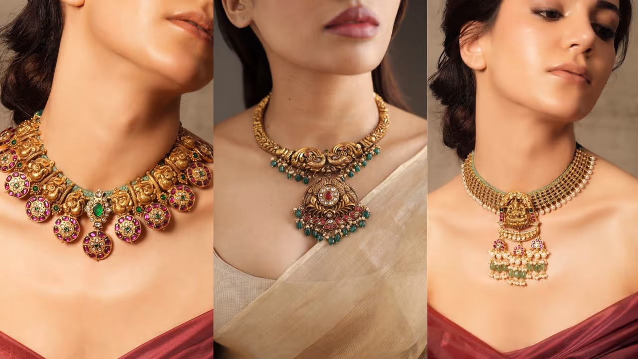 Traditional temple jewellery for green silk saree look Traditional temple jewellery for green silk saree look