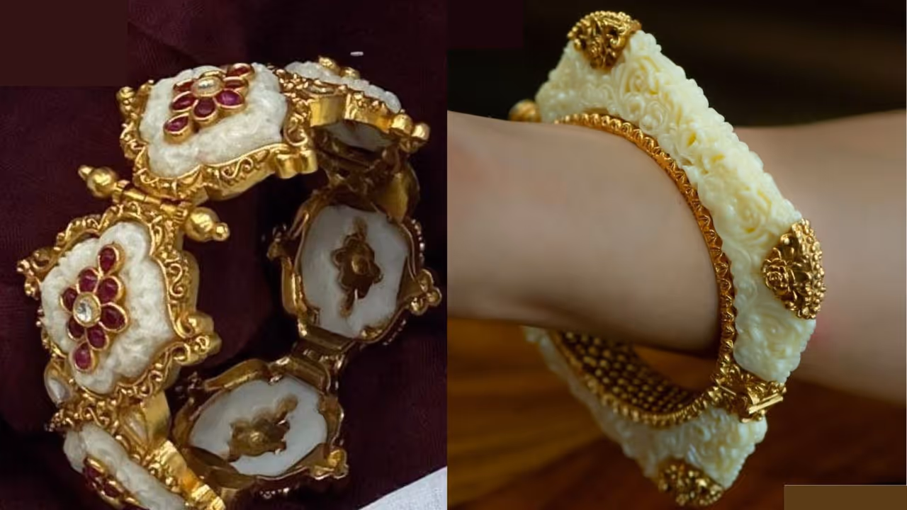 Stylish white and red Shakha Pola bangle set for monsoon festivals Stylish white and red Shakha Pola bangle set for monsoon festivals