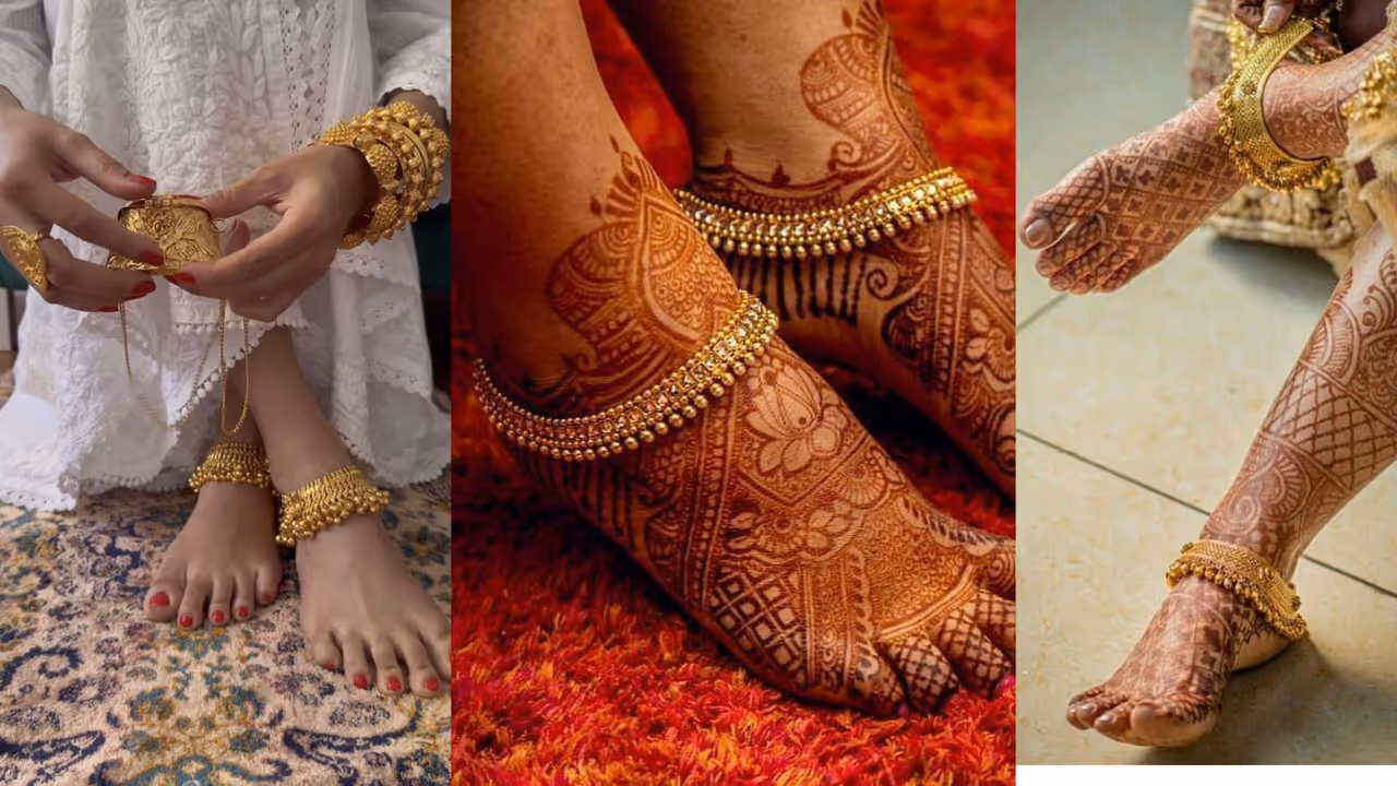 Elegant golden payal to pair with green sarees for Sawan puja