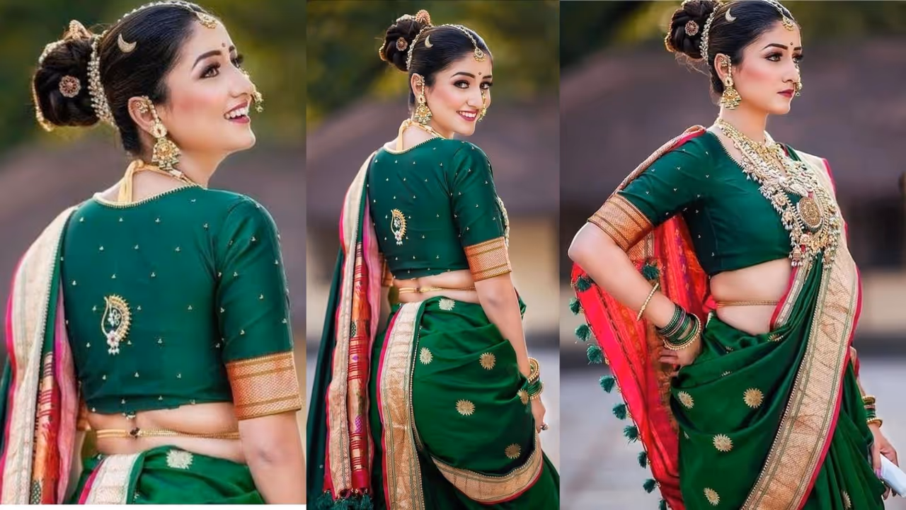 Best bun hairstyle for green saree in Sawan festival Best bun hairstyle for green saree in Sawan festival