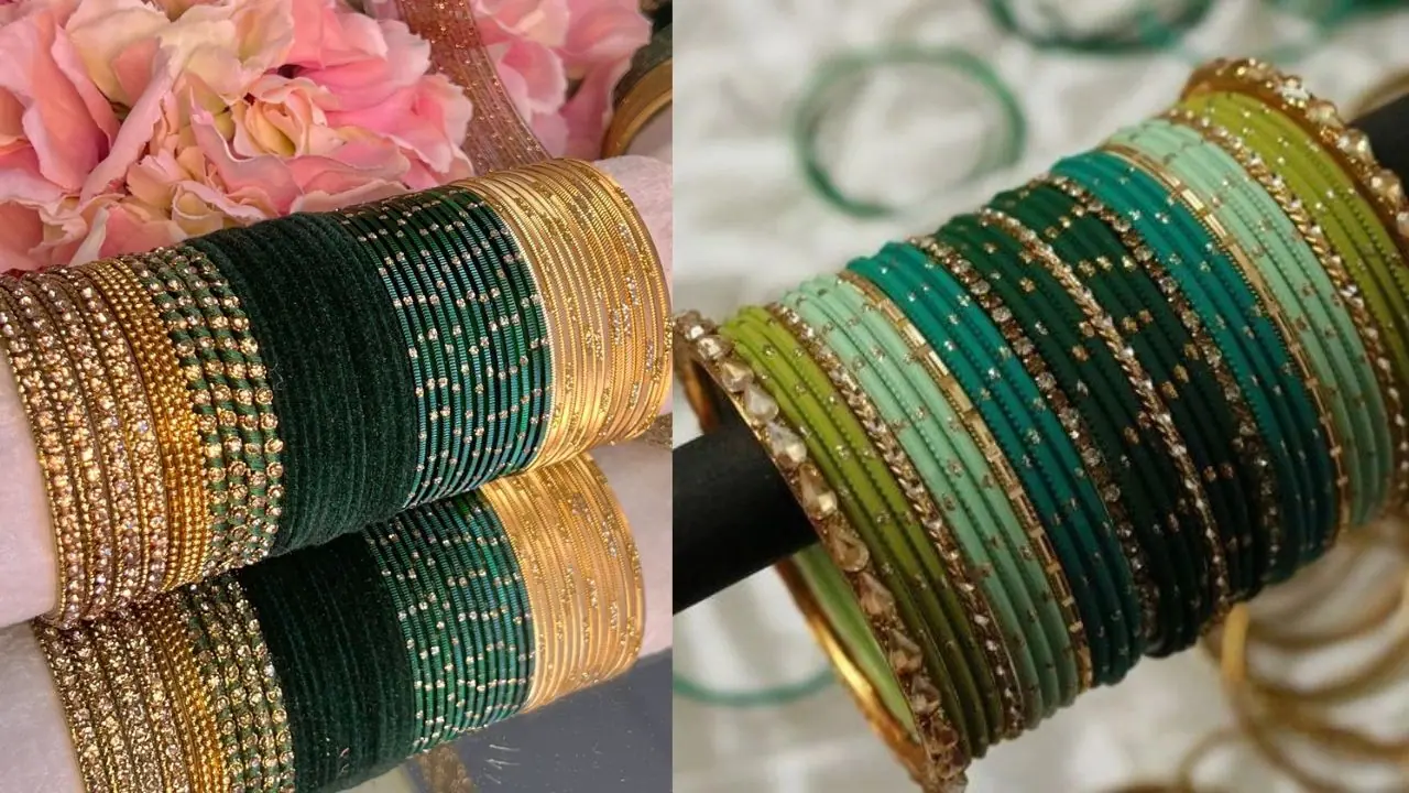 Green metal bangles set for Sawan festival look Green metal bangles set for Sawan festival look