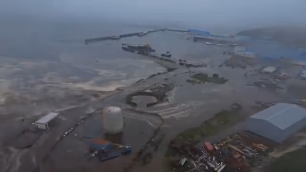 Screengrab of Drone Footage Showing Tsunami Flooding Town After Powerful Earthquake hits Kamchatka in Russia