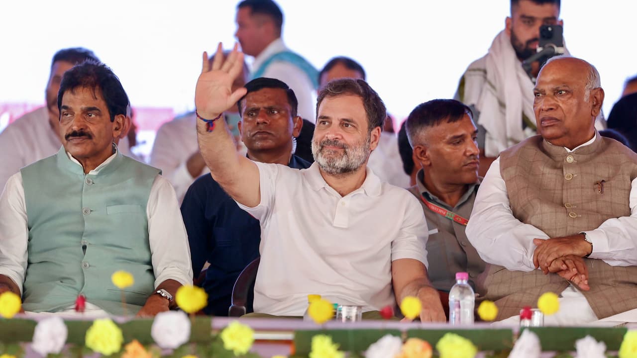 Rahul Gandhi along with Congress Party President Malikarjun Kharge and KC Venugopal at Voter Adhikar Rally Rahul Gandhi along with Congress Party President Malikarjun Kharge and KC Venugopal at Voter Adhikar Rally