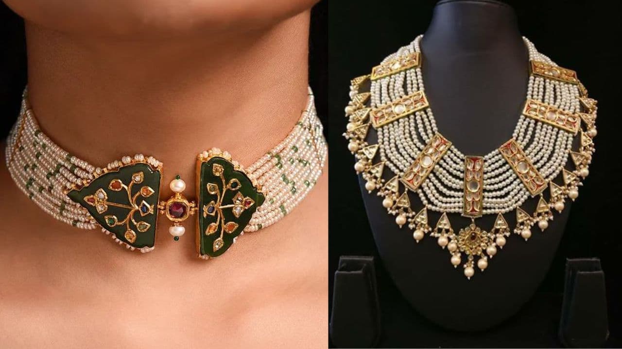 Bridal pearl work necklace design for chaniya choli outfit Bridal pearl work necklace design for chaniya choli outfit