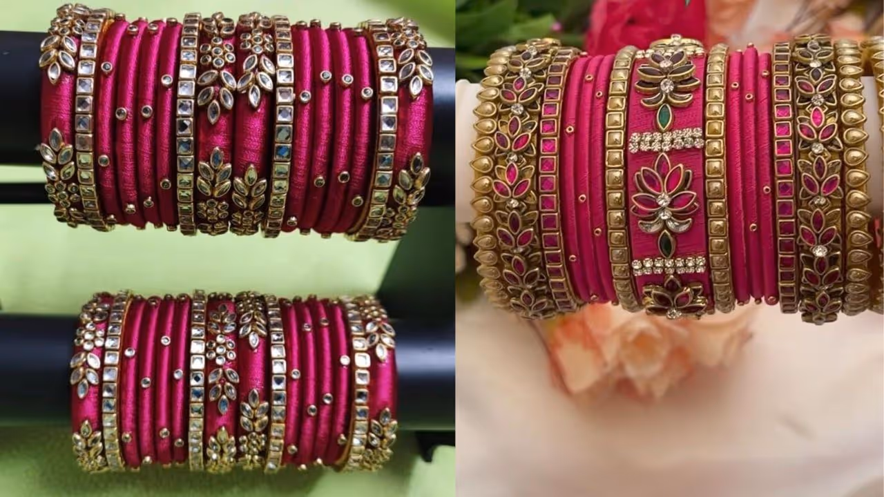 Simple elegant thread bangle design for Onam Kasavu saree