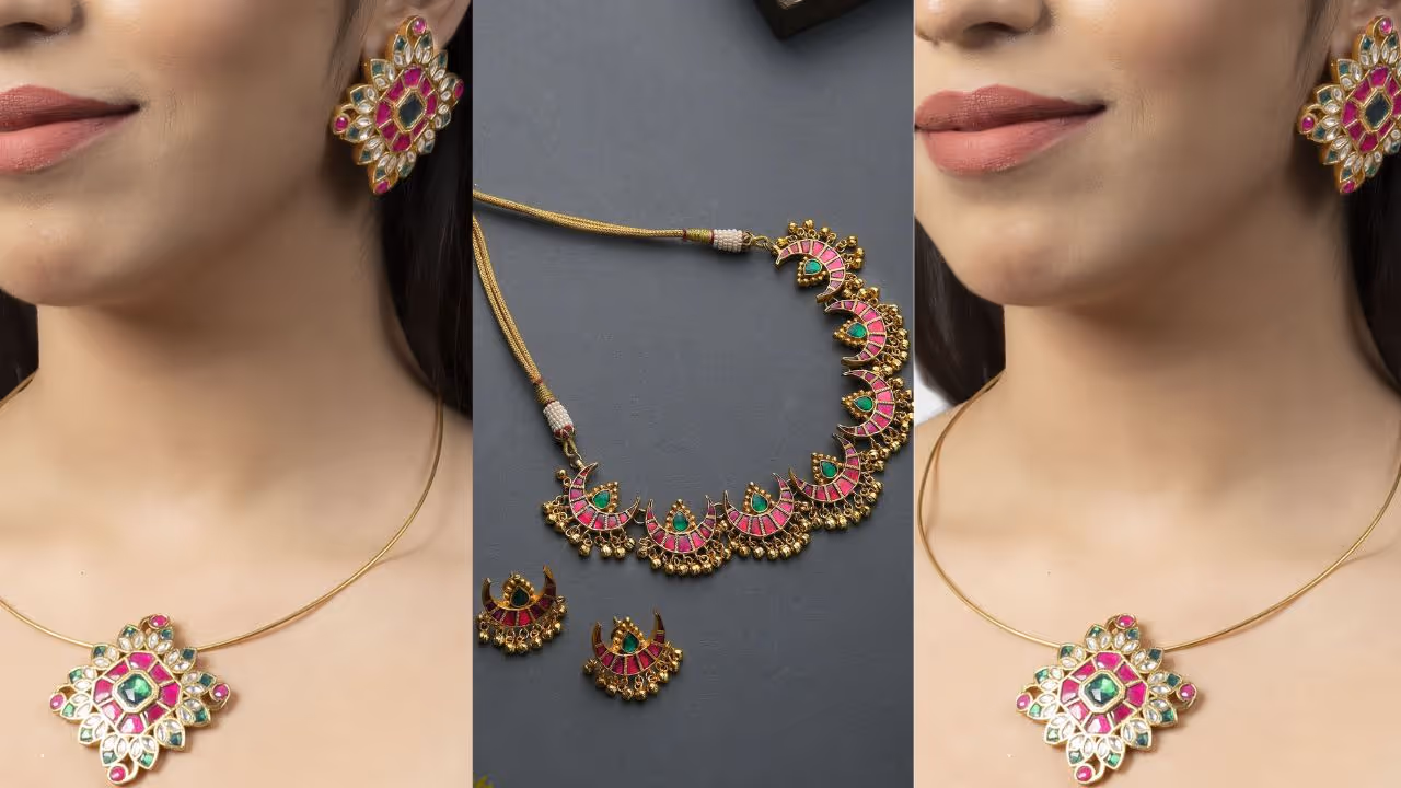 Latest pink kundan necklace design for Onam festival Latest pink kundan necklace design for Onam festival