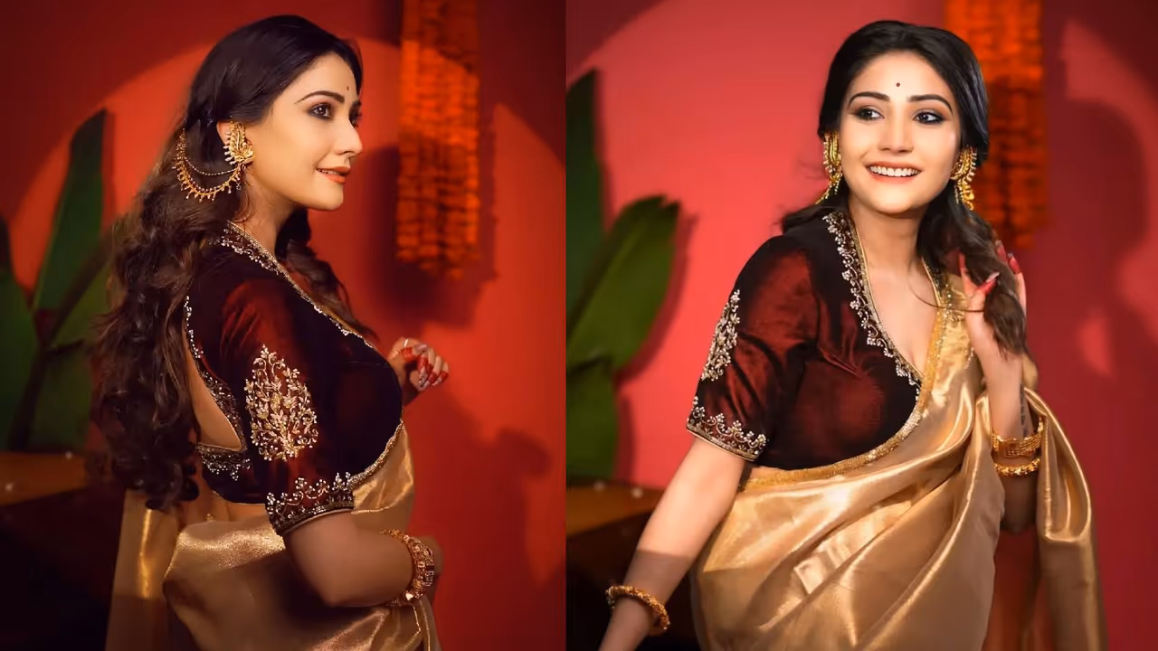 गोल्डन साड़ी के साथ कंट्रास्ट ब्लाउज गोल्डन साड़ी के साथ कंट्रास्ट ब्लाउज