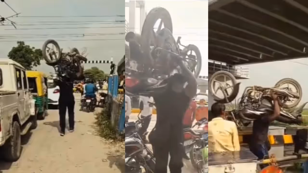jhansi bodybuilder bike lift railway crossing viral stunt jhansi bodybuilder bike lift railway crossing viral stunt