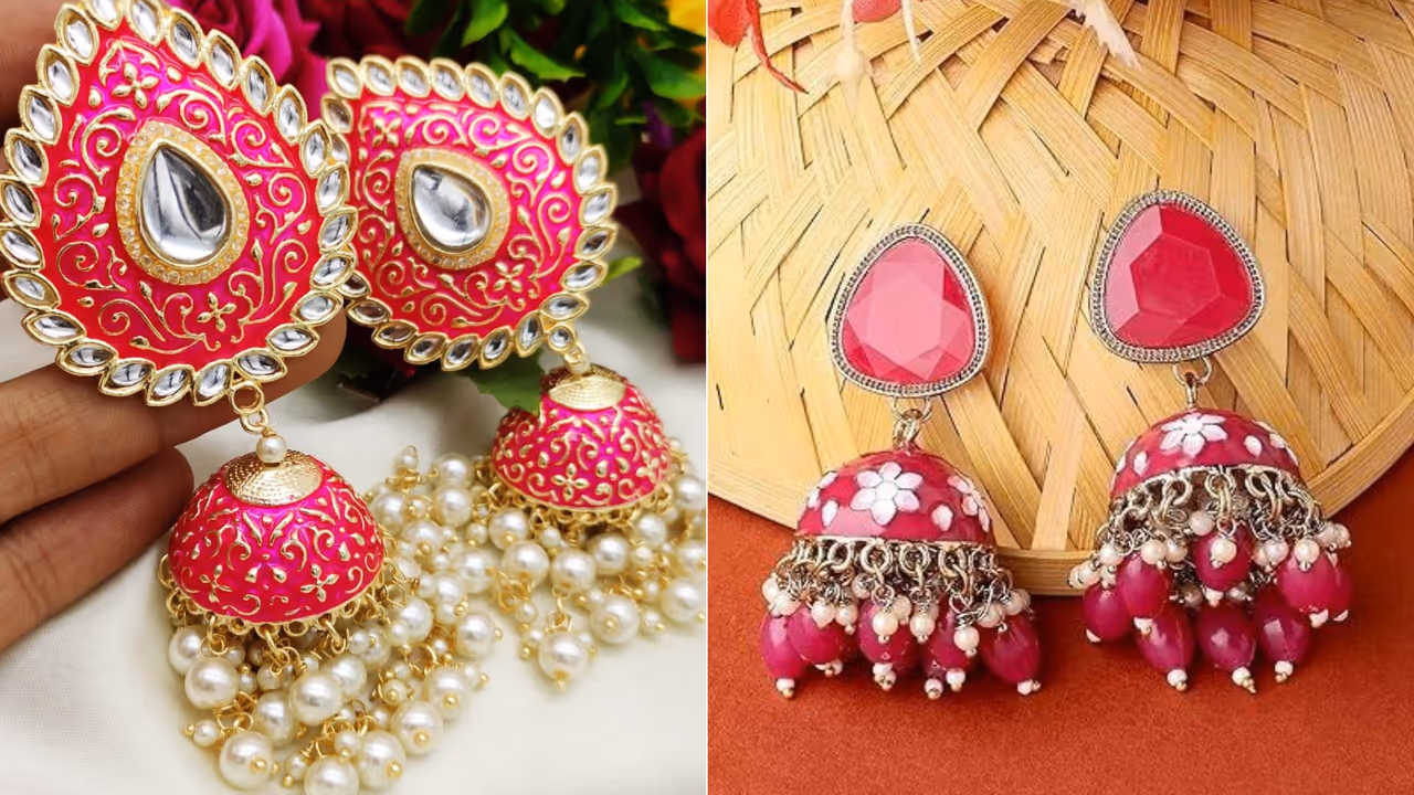Pink Meenakari Earrings Designs Pink Meenakari Earrings Designs