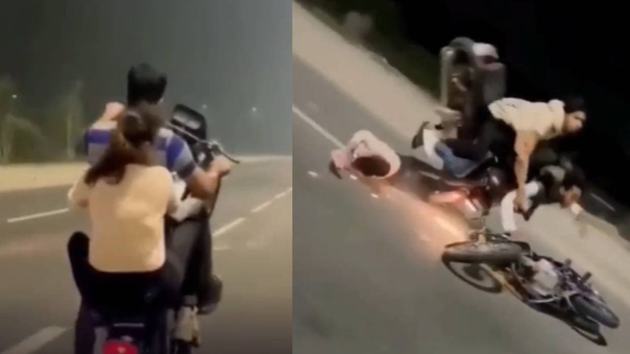 bike stunt couple crash viral video safety warning