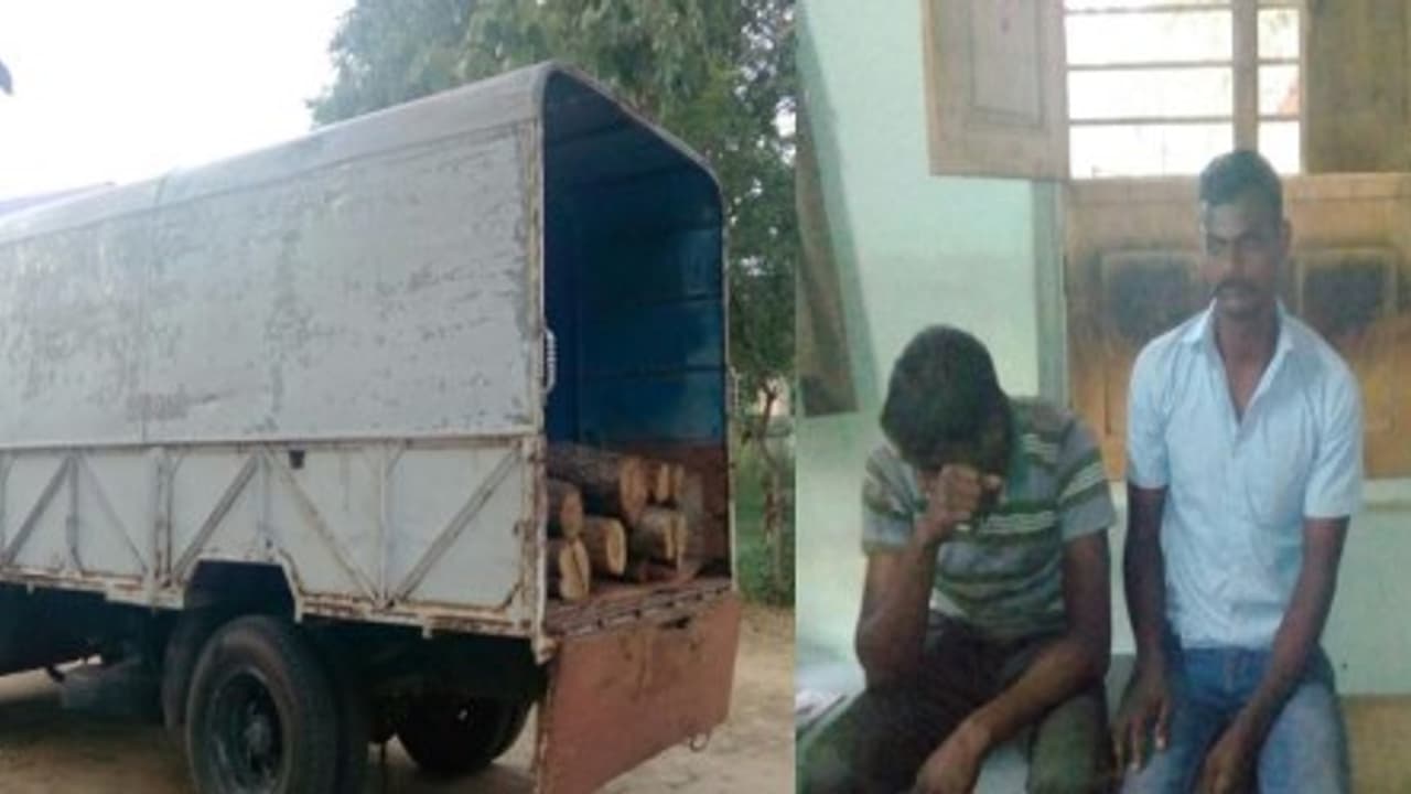 தேக்குமரத்தை வெட்டி போலீஸ் வண்டியிலேயே கடத்திய கொடுமை இருவர் கைது!! தேக்குமரத்தை வெட்டி போலீஸ் வண்டியிலேயே கடத்திய கொடுமை இருவர் கைது!!