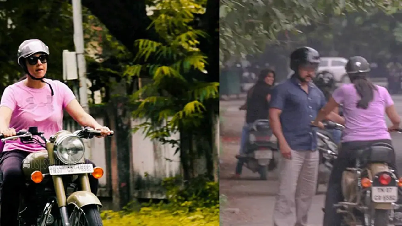 Actor Suriya teaches wife Jyothika to ride a Royal Enfield Actor Suriya teaches wife Jyothika to ride a Royal Enfield