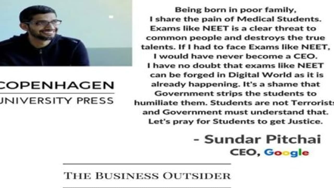 "நீட் போன்ற ஒரு தேர்வை எழுதியிருந்தால் என்னால் இவ்வளவு உயரத்துக்கு வந்திருக்கவே முடியாது" கூகுள் CEO சுந்தர் பிச்சை ஆவேசம்