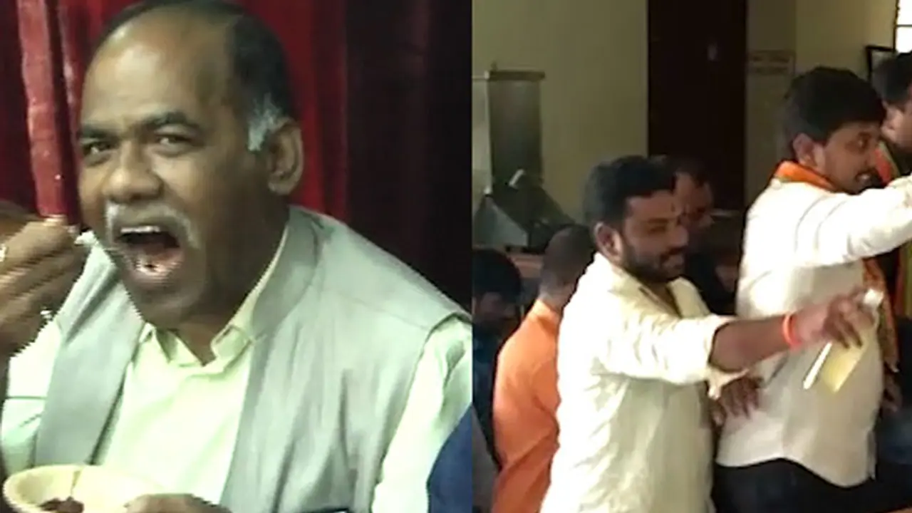 BJP workers sprinkle cow urine to "sanitise" Kalamandir after writers eat beef in Mysuru BJP workers sprinkle cow urine to "sanitise" Kalamandir after writers eat beef in Mysuru