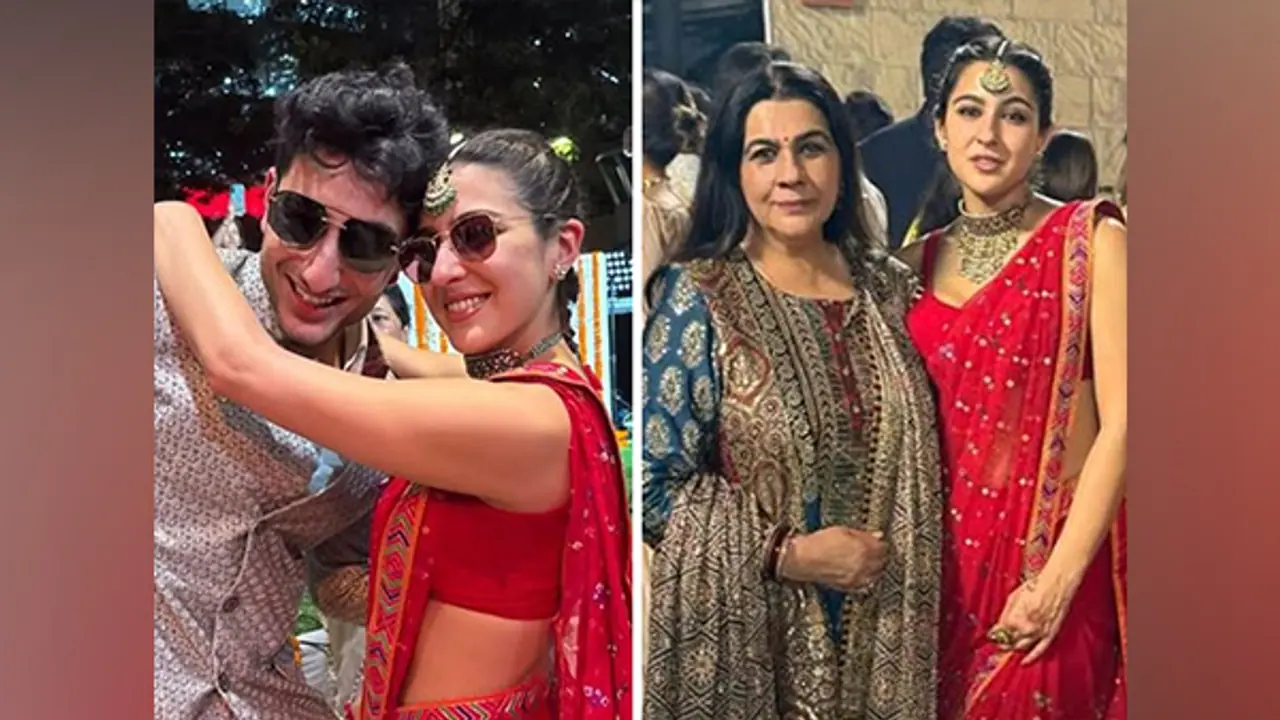 Sara Ali Khan dazzles in red saree at friend's wedding; shares pictures with mom Amrita Singh, brother Ibrahim Sara Ali Khan dazzles in red saree at friend's wedding; shares pictures with mom Amrita Singh, brother Ibrahim